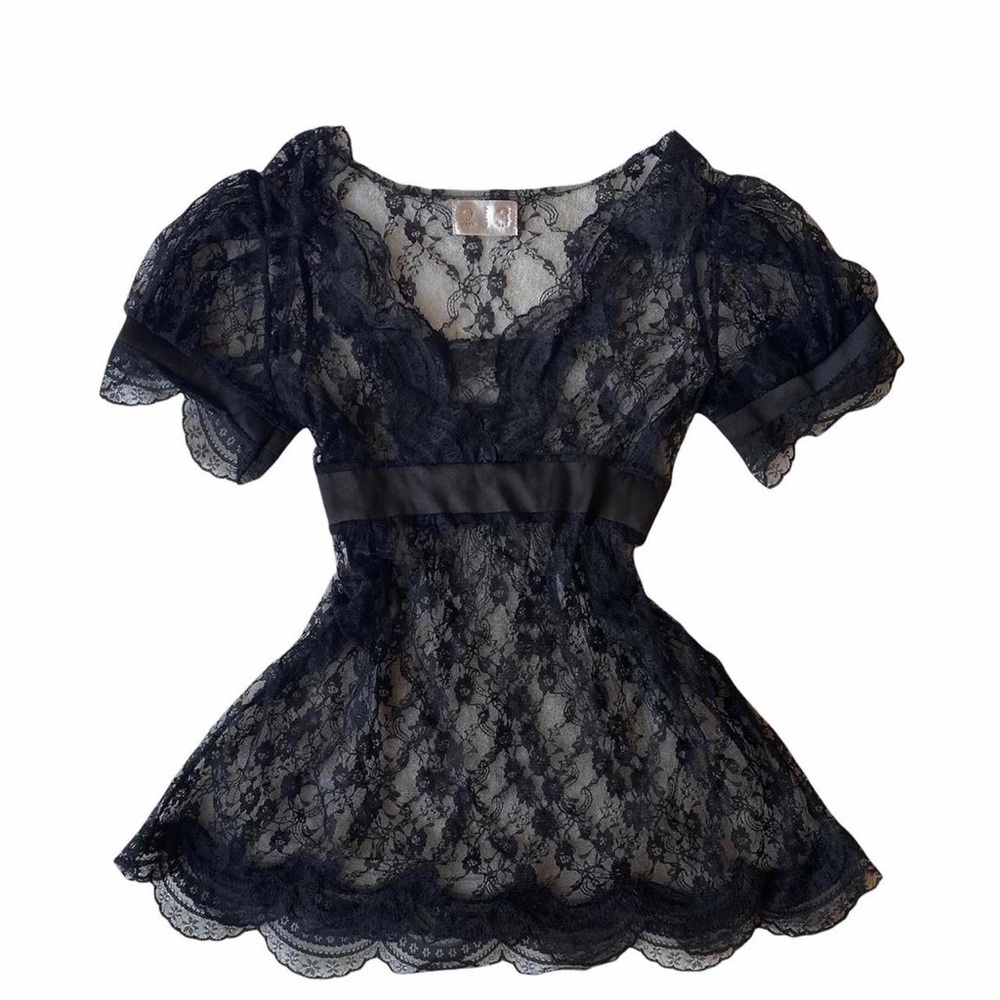 213 by Michelle Kim Delicate Black Lace Deadstock Puffed sleeve Doll like Blouse